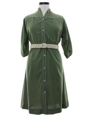 Vintage 70s Avocado Green Shirt Dress Macrame Belt Button Front Women's Medium